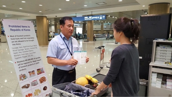 검역본부 관계자가 여행객을 대상으로 휴대식물류를 검역하고 있다.