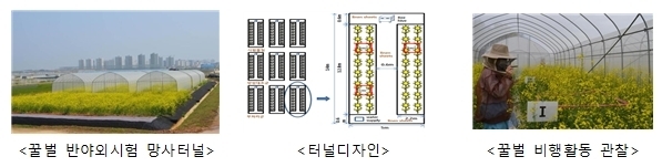 꿀벌 반야외시험법<br>
OECD No. 75에 해당하는 시험법으로 망사 터널에 봉군을 넣고 터널 안에서 만개한 유채 등 밀원 식물에 농약을 살포한 후 화분활동을 하는 꿀벌의 군집 영향을 약 한달간 평가하는 시험법임