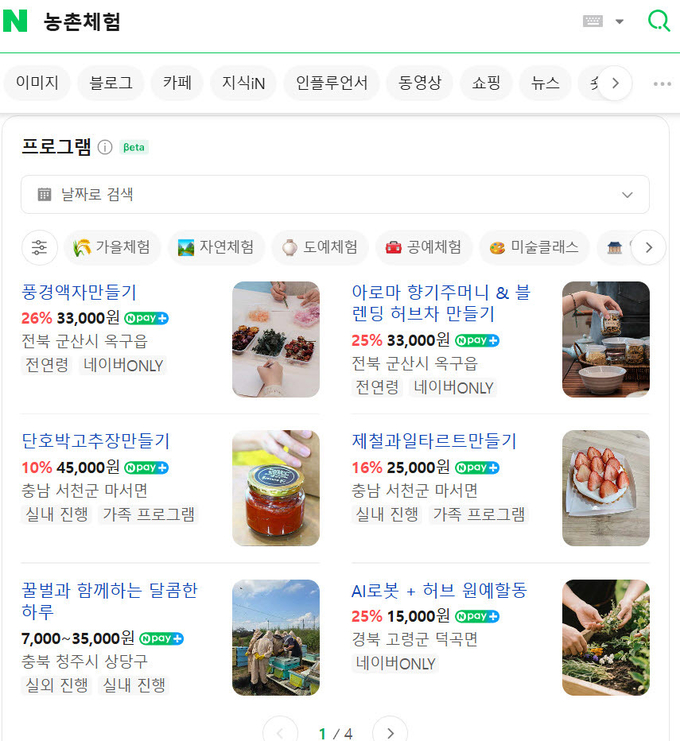 <strong>‘농촌 체험’ 검색 결과 갈무리</strong>